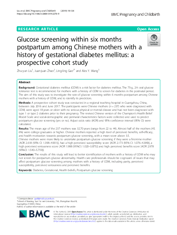 (PDF) Glucose screening within six months postpartum among Chinese ...