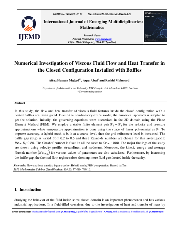 (PDF) Numerical Investigation of Viscous Fluid Flow and Heat Transfer ...