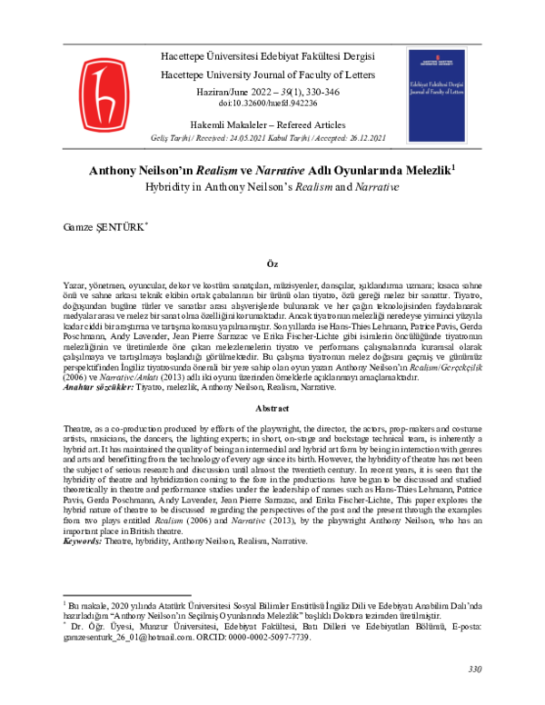 (PDF) Anthony Neilson’ın Realism ve Narrative Adlı Oyunlarında Melezlik