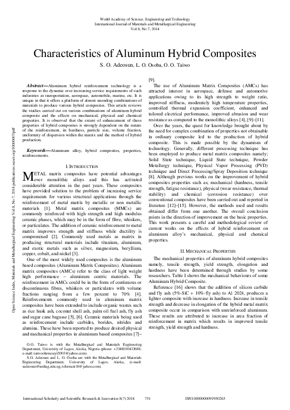 (PDF) Characteristics Of Aluminum Hybrid Composites Seyi Taiwo