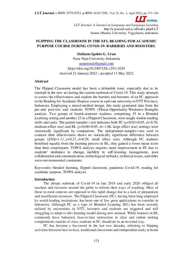 (PDF) Flipping the classroom in the EFL Reading for Academic Purpose ...
