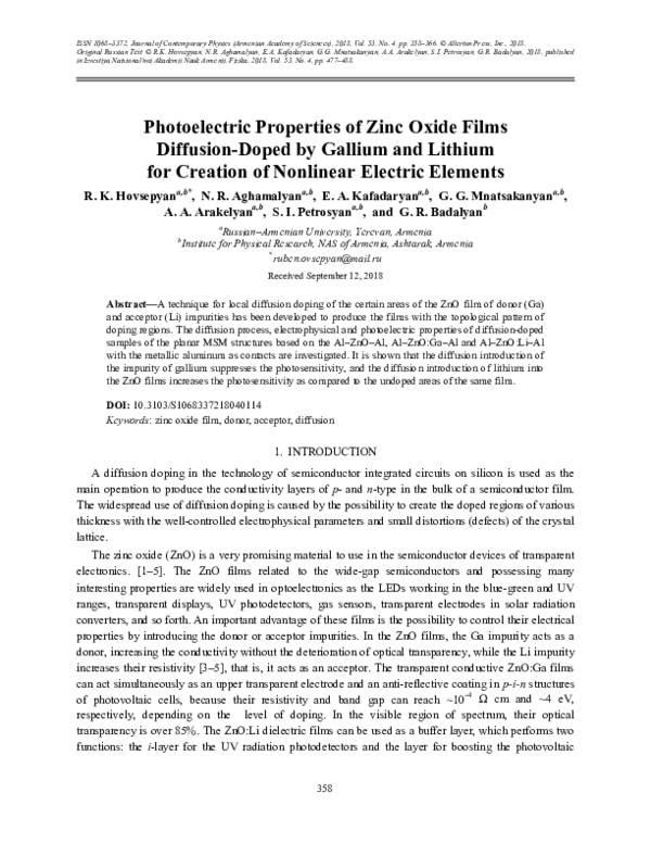 (PDF) Photoelectric Properties of Zinc Oxide Films Diffusion-Doped by ...