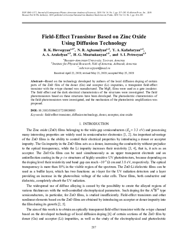 (PDF) Field-Effect Transistor Based on Zinc Oxide Using Diffusion ...