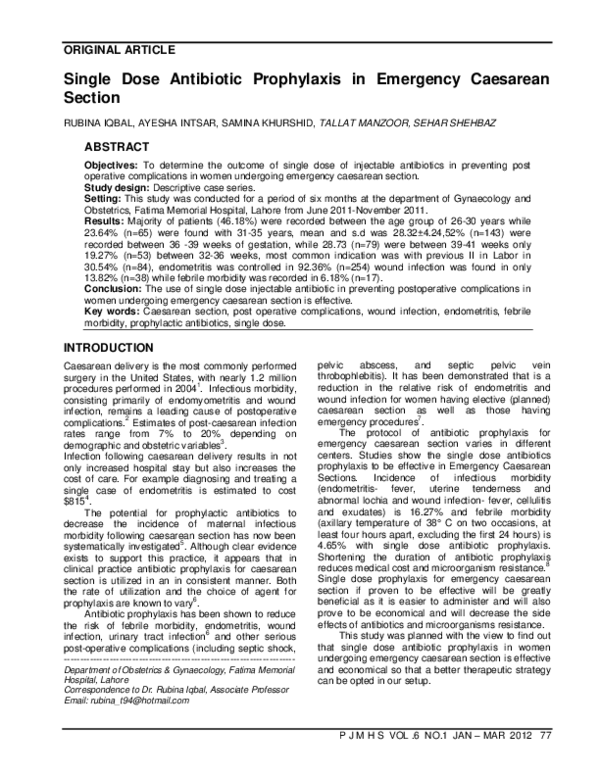 (PDF) Single Dose Antibiotic Prophylaxis in Emergency Caesarean Section