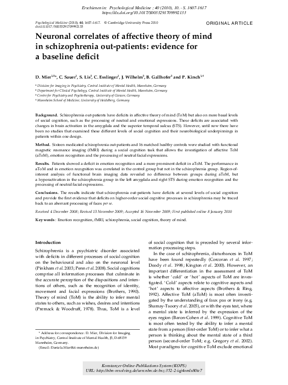 (PDF) Neuronal correlates of affective theory of mind in schizophrenia ...