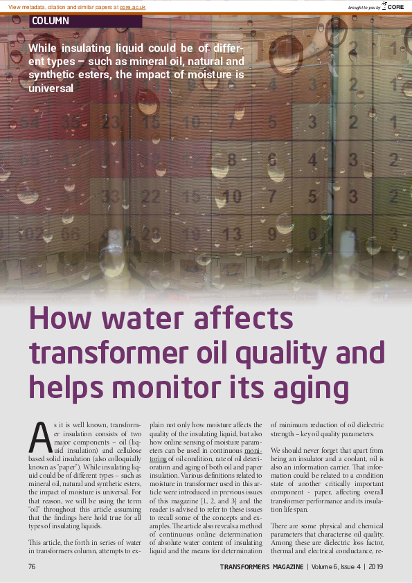 (PDF) How water affects transformer oil quality and helps monitor its aging