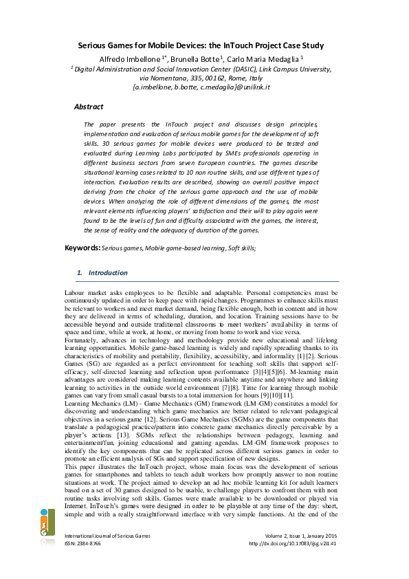 (PDF) Serious Games for Mobile Devices: the InTouch Project Case Study