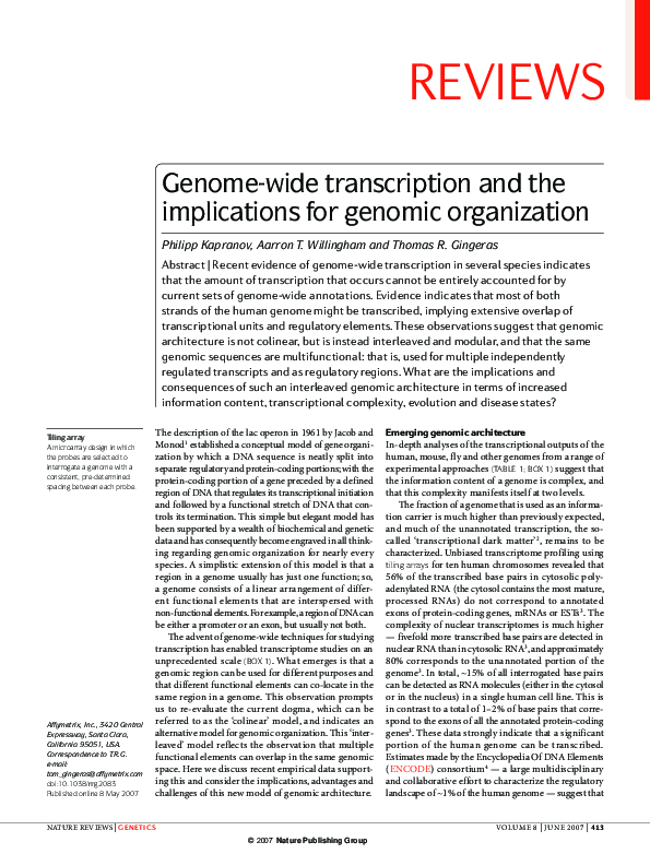(PDF) Genome-wide transcription and the implications for genomic ...