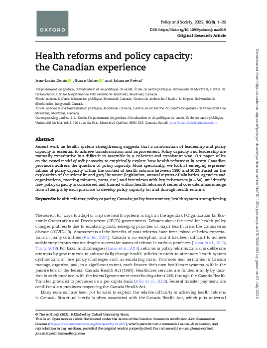 (PDF) Health reforms and policy capacity: the Canadian experience