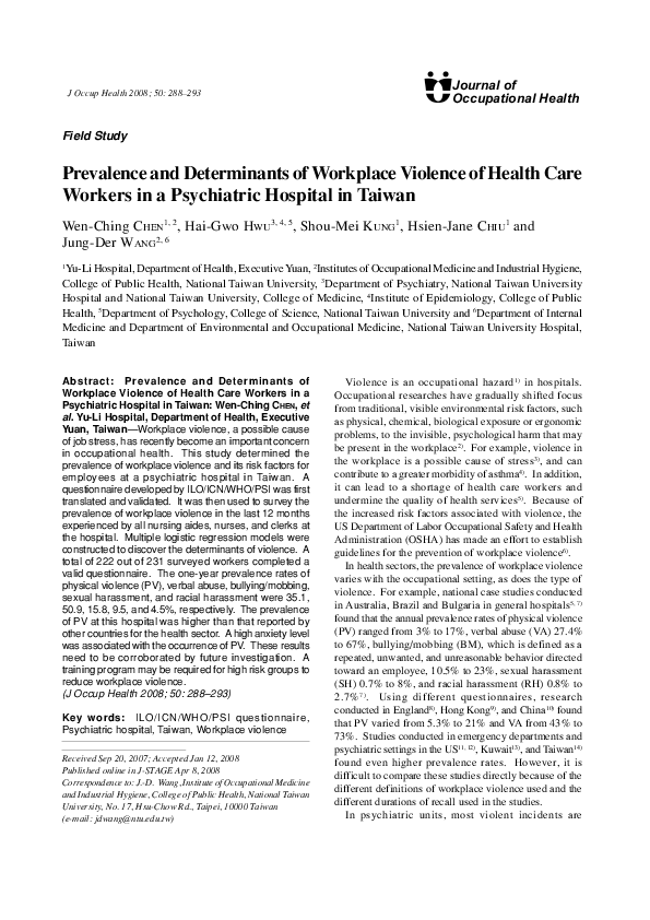 (PDF) Prevalence and Determinants of Workplace Violence of Health Care ...