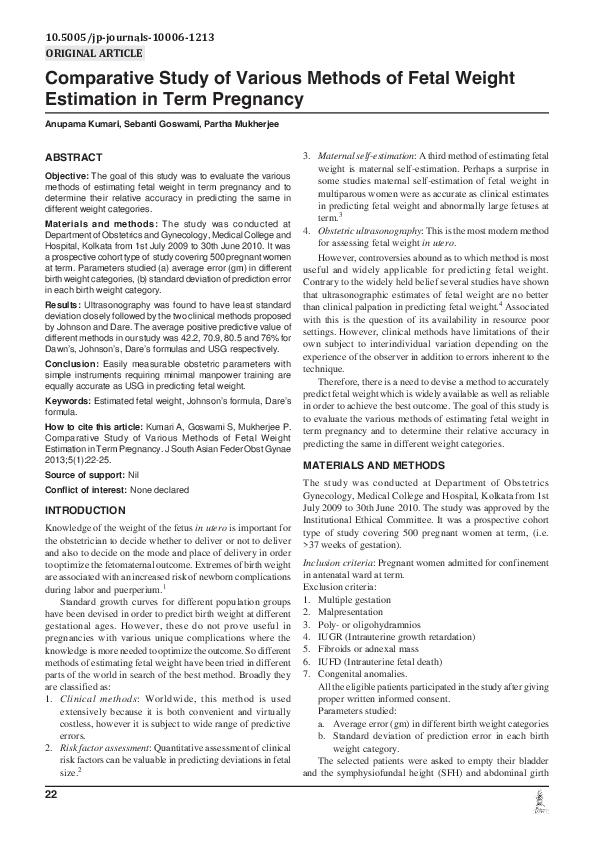 (PDF) Comparative Study of Various Methods of Fetal Weight Estimation ...