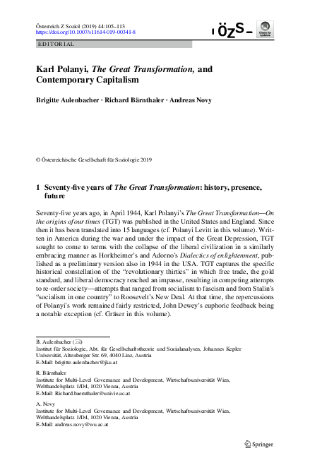 Karl Polanyi, The Great Transformation, and Contemporary Capitalism