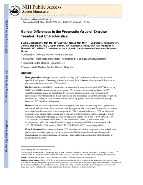 (PDF) Gender differences in the prognostic value of exercise treadmill ...