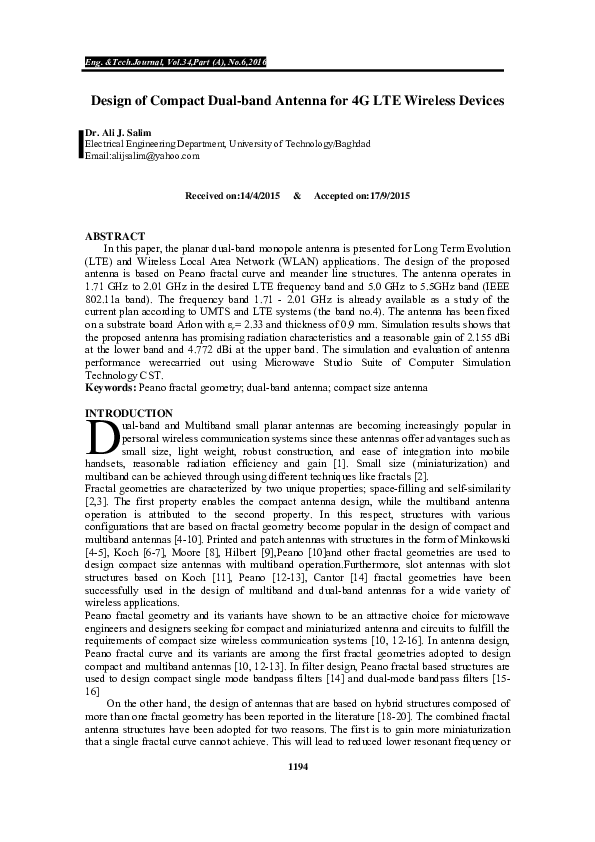 (PDF) Design of Compact Dual-band Antenna for 4G LTE Wireless Devices