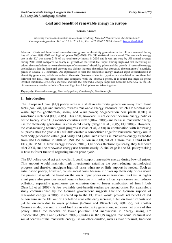 (PDF) Cost and Benefit of Renewable Energy in Europe