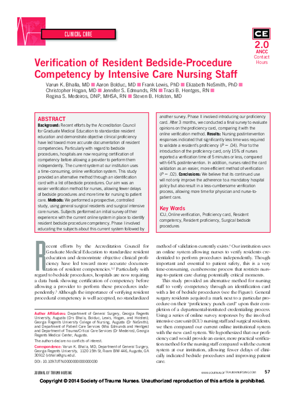 (PDF) Verification of Resident BedsideProcedure Competency by