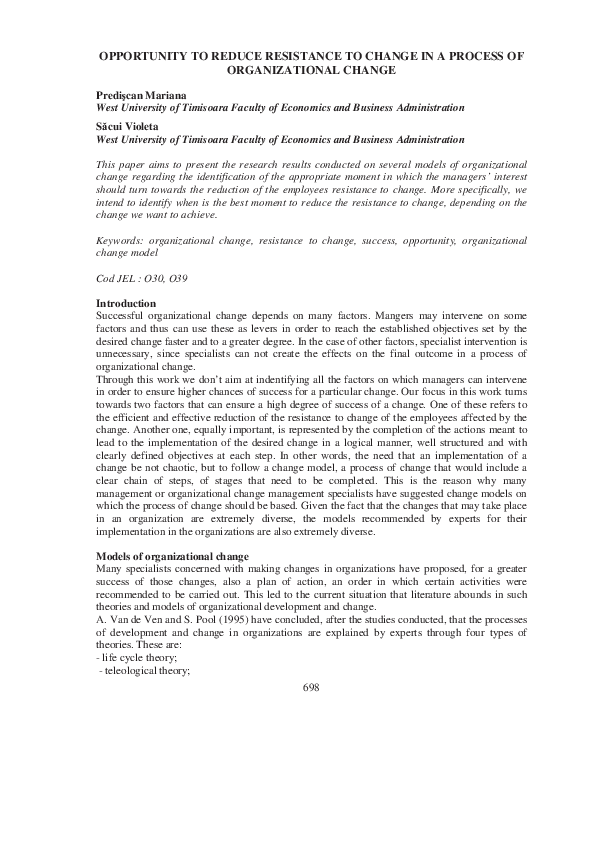 (PDF) Opportunity to Reduce Resistance to Change in a Process of ...