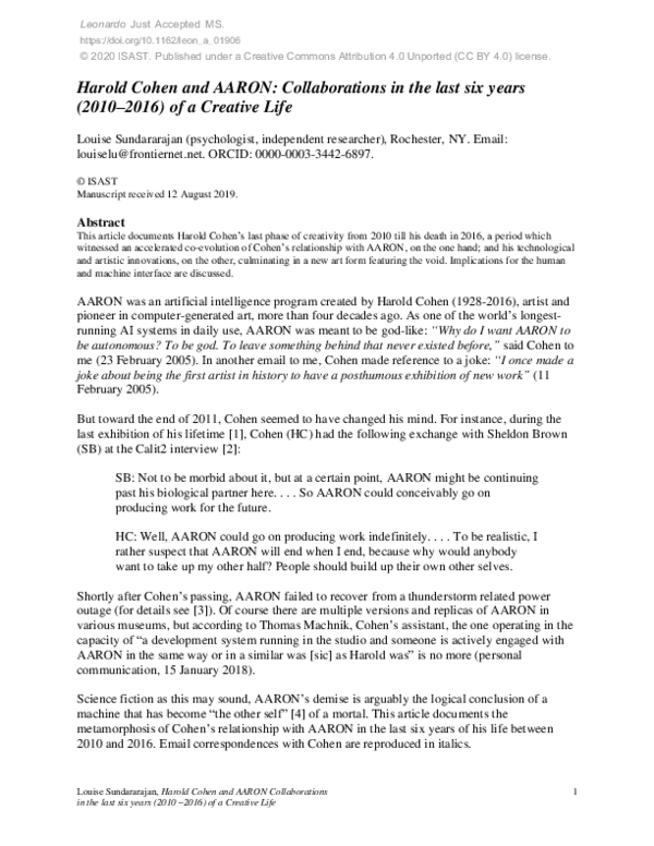 (PDF) Harold Cohen and AARON: Collaborations in the last six years ...