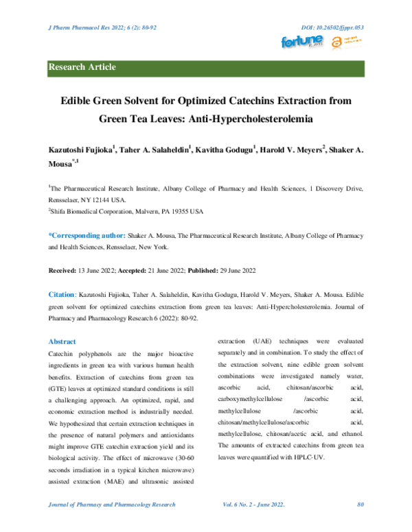 (PDF) Edible Green Solvent for Optimized Catechins Extraction from ...