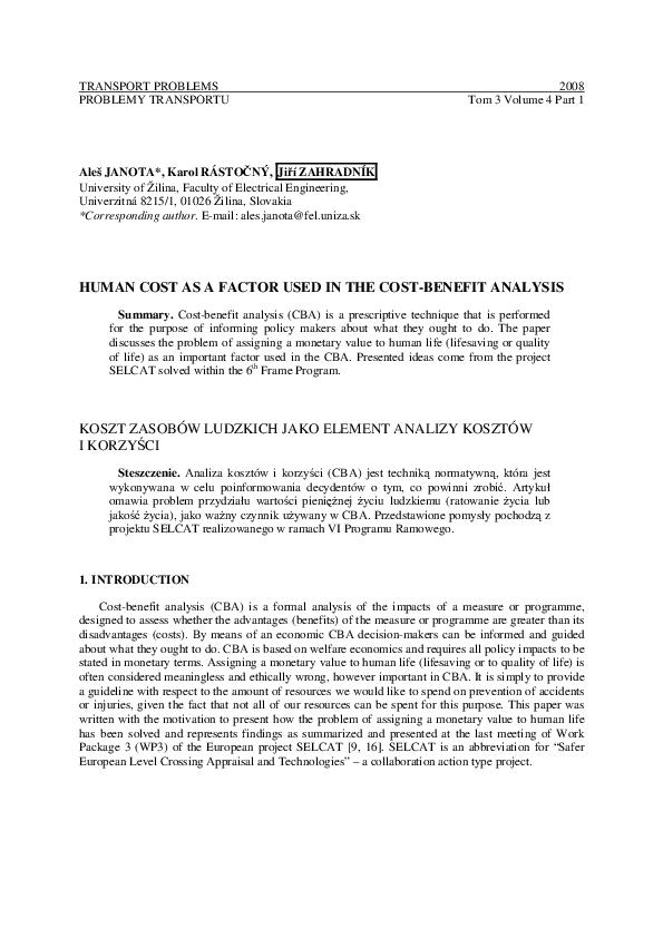 (PDF) Human cost as a factor used in the costbenefit analysis Aleš