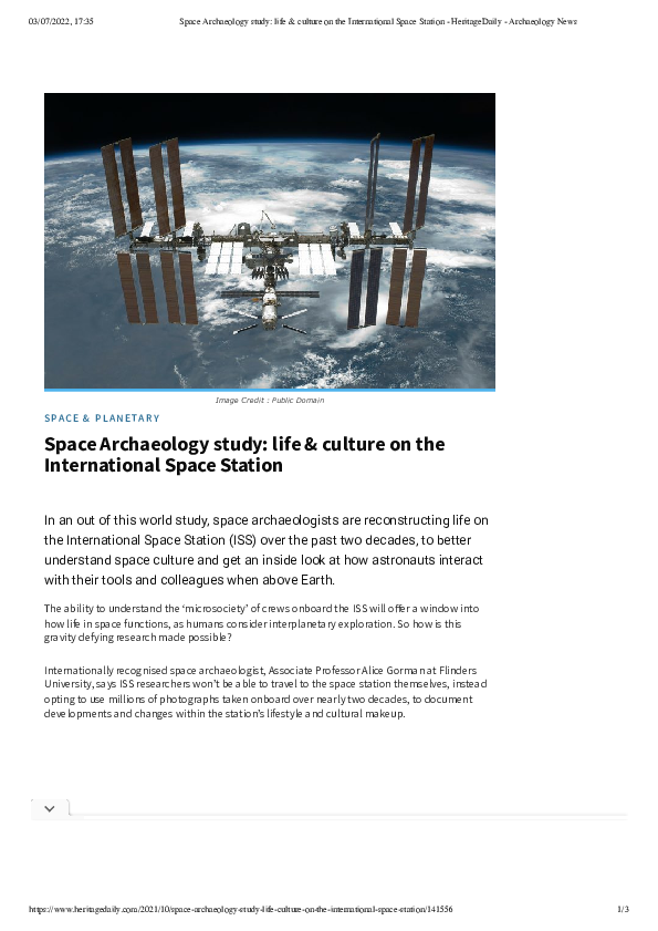 (PDF) Space Archaeology study: life & culture on the International ...