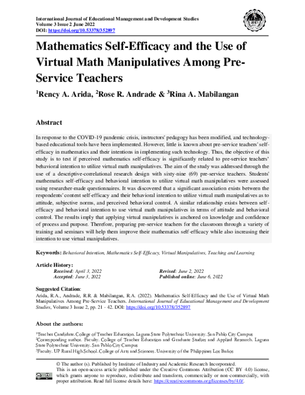 (PDF) Mathematics SelfEfficacy and the Use of Virtual Math