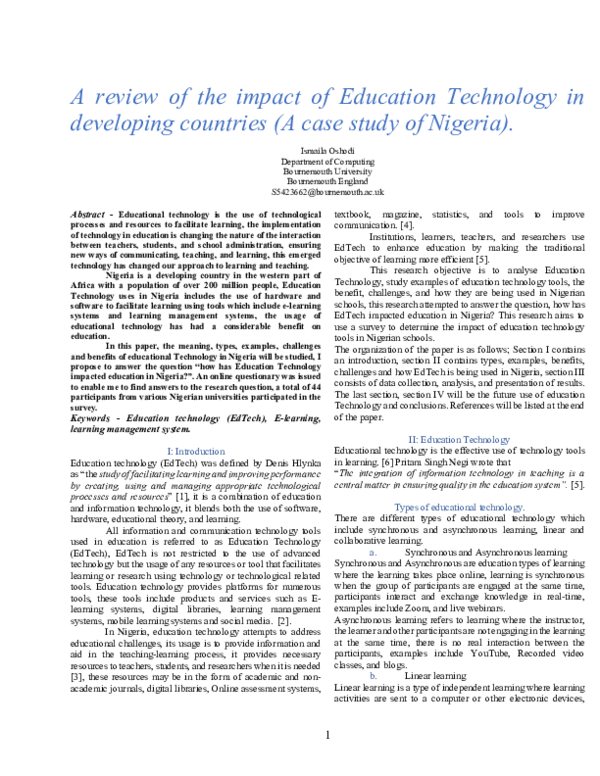 (PDF) A review of the impact of Education Technology in developing ...