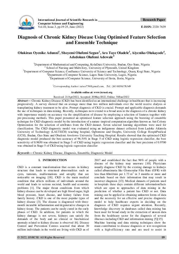 (PDF) Diagnosis of Chronic Kidney Disease Using Optimised Feature ...