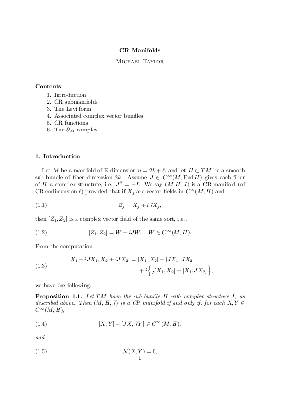 (PDF) Contents 1. Introduction 2. CR submanifolds 3. The Levi form 4