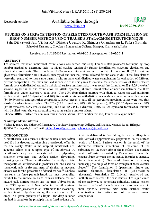 (PDF) Studies on Surface Tension of Selected Juice Formulation by Drop