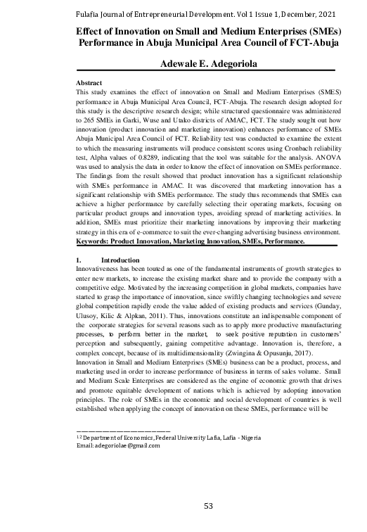 (PDF) Effect of Innovation on Small and Medium Enterprises (SMEs ...