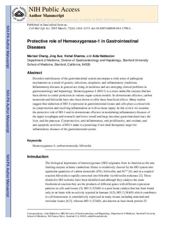 (PDF) Protective role of hemeoxygenase-1 in gastrointestinal diseases