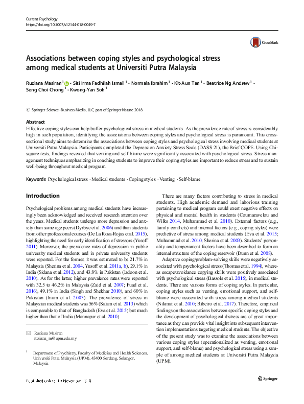 (PDF) Associations between coping styles and psychological stress among ...