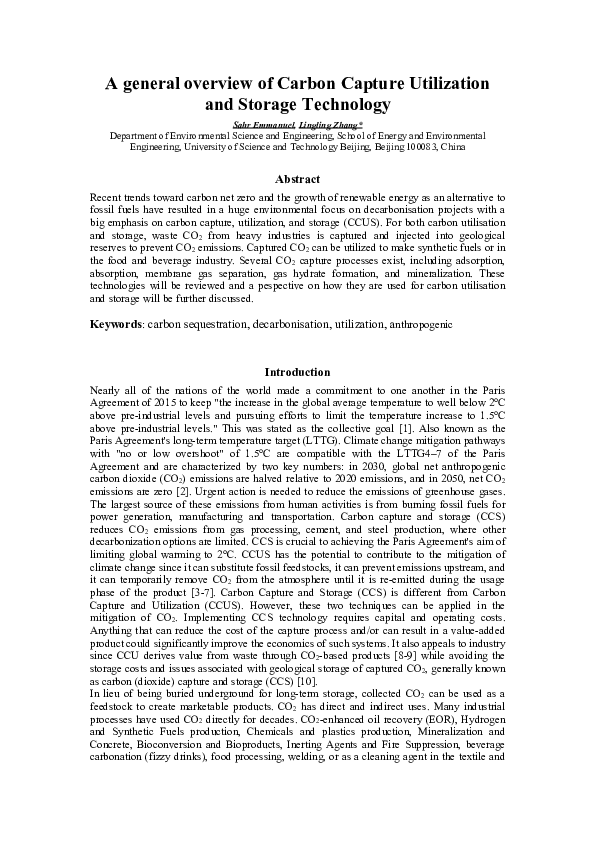 (PDF) A general overview of Carbon Capture Utilization and Storage ...
