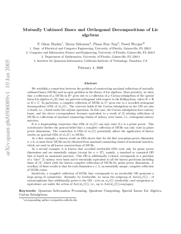(PDF) Mutually unbiased bases and orthogonal decompositions of Lie algebras