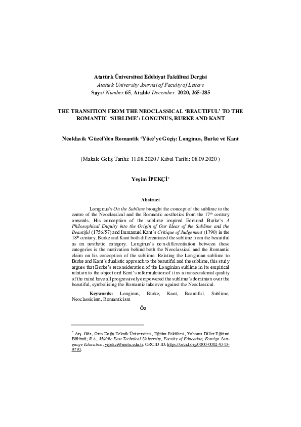 (PDF) The Transition from the Neoclassical ‘Beautiful’ to the Romantic ‘Sublime’ Longinus