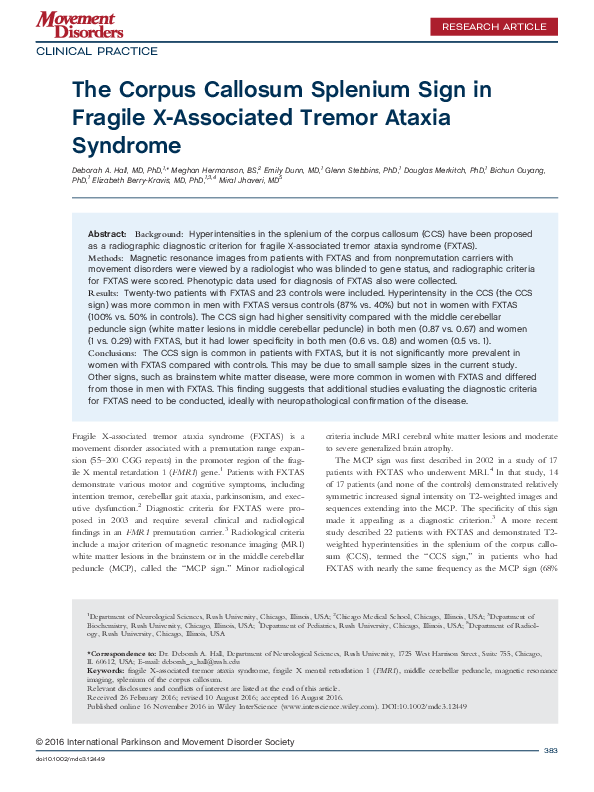 (PDF) The Corpus Callosum Splenium Sign in Fragile X-associated Tremor ...