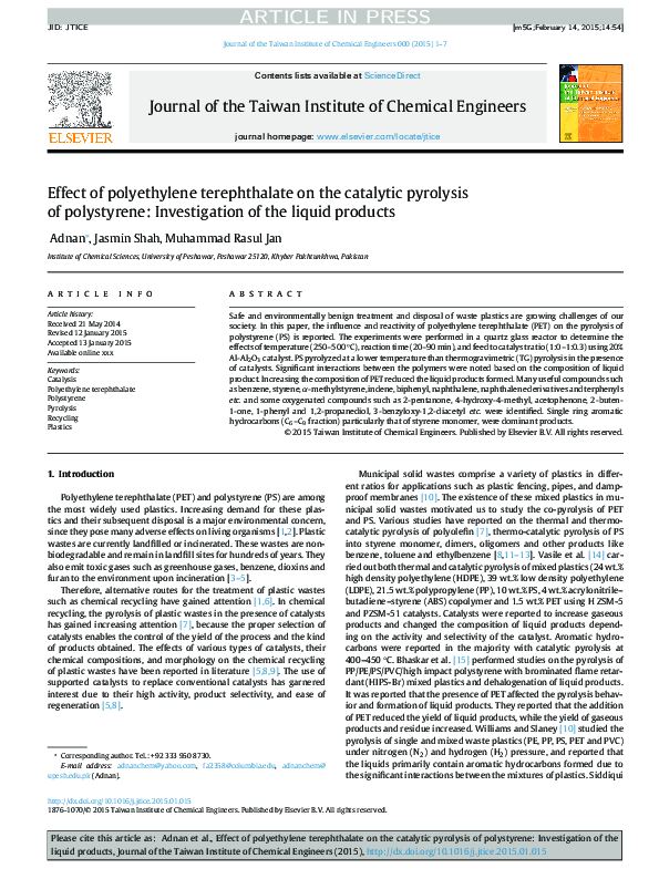 (PDF) Effect of polyethylene terephthalate on the catalytic pyrolysis ...