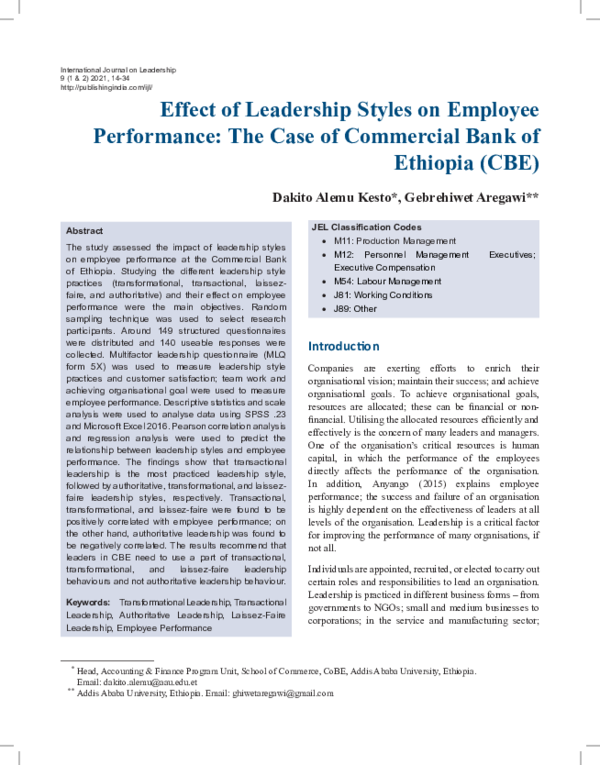 (PDF) Effect of Leadership Styles on Employee Performance - The Case of ...
