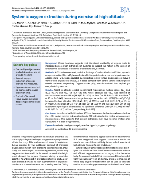 (PDF) Systemic oxygen extraction during exercise at high altitude