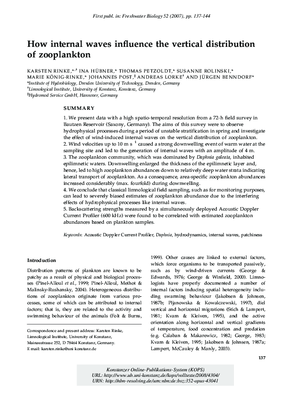 (PDF) How internal waves influence the vertical distribution of zooplankton