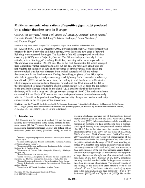 2010), Multi‐instrumental observations of a positive gigantic jet produced by a winter thunderstorm in