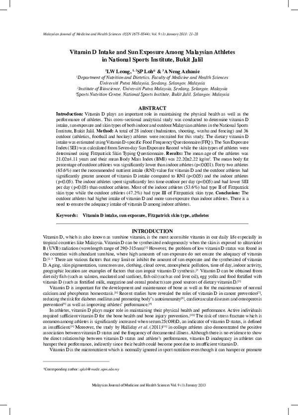 (PDF) Vitamin D intake and sun exposure among Malaysian athletes in ...