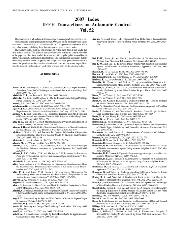(PDF) 2007 Index IEEE Transactions on Automatic Control Vol. 52