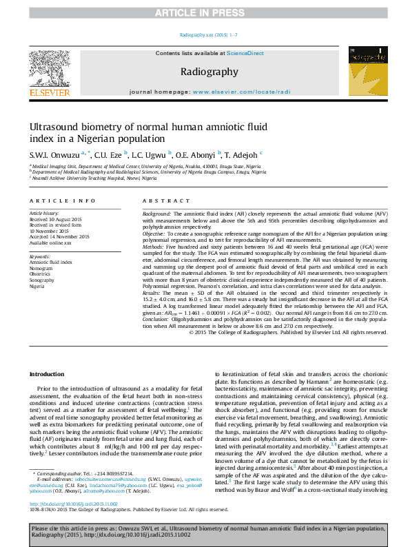 (PDF) Ultrasound biometry of normal human amniotic fluid index in a ...