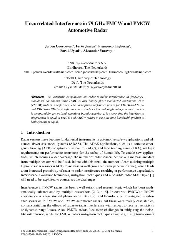 (PDF) Uncorrelated Interference in 79 GHz FMCW and PMCW Automotive Radar