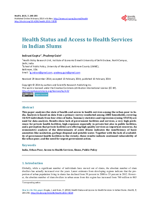 (PDF) Health Status and Access to Health Services in Indian Slums