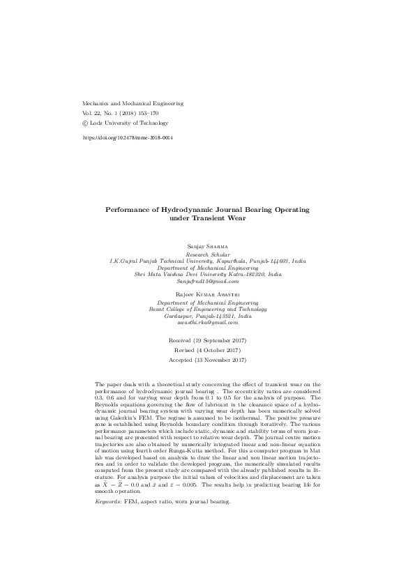 (PDF) Performance of Hydrodynamic Journal Bearing Operating under ...