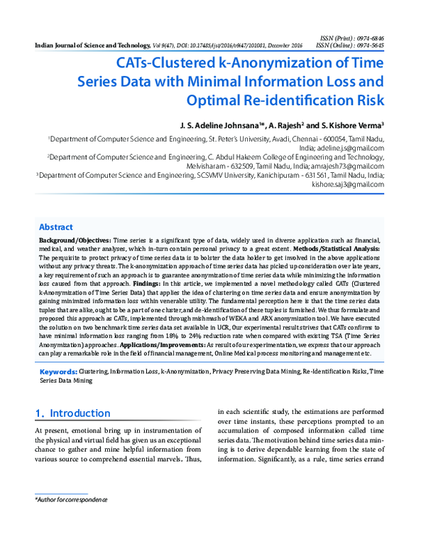 (PDF) CATs-Clustered k-Anonymization of Time Series Data with Minimal ...