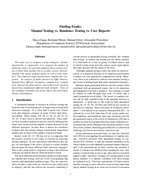(PDF) Finding Faults: Manual Testing vs. Random+ Testing vs. User Reports